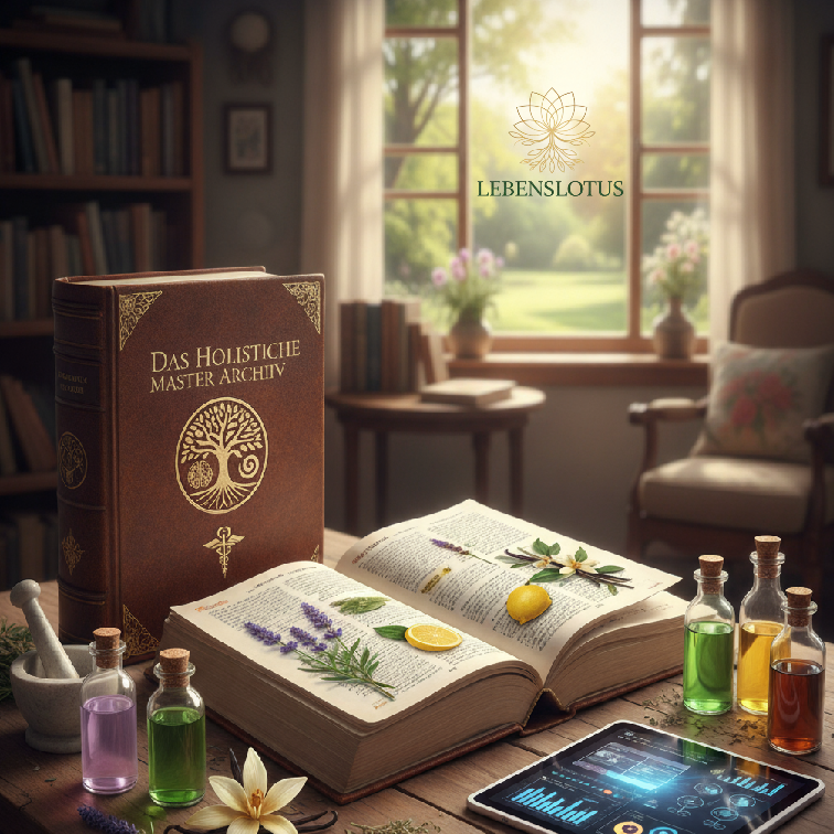 Detailliertes Bild des Holistischen Master Archivs, einem aufgeschlagenen Buch über Naturheilkunde, Pflanzenheilkunde und Aromatherapie. Es zeigt frische Heilpflanzen wie Lavendel und Zitrone, ätherische Öle in Flaschen sowie ein modernes Tablet mit analytischen Daten, symbolisierend ganzheitliches Wissen und Masterwissen für Experten und Laien."