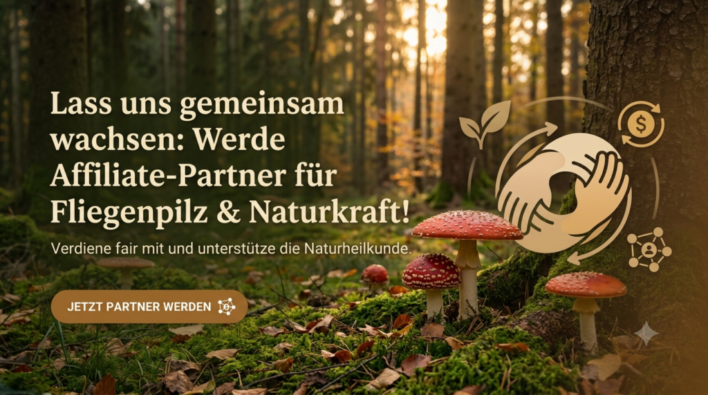 Einladendes Beitragsbild für das Fliegenpilz Affiliate Partnerprogramm inmitten eines herbstlichen Waldes mit Fliegenpilzen.